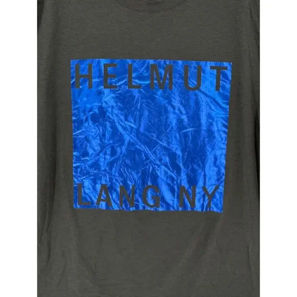 Helmut Lang Mens Gunmetal Grey Metallic Blue Film Print Box Fit T Shirt Sz M - Picture 3 of 6